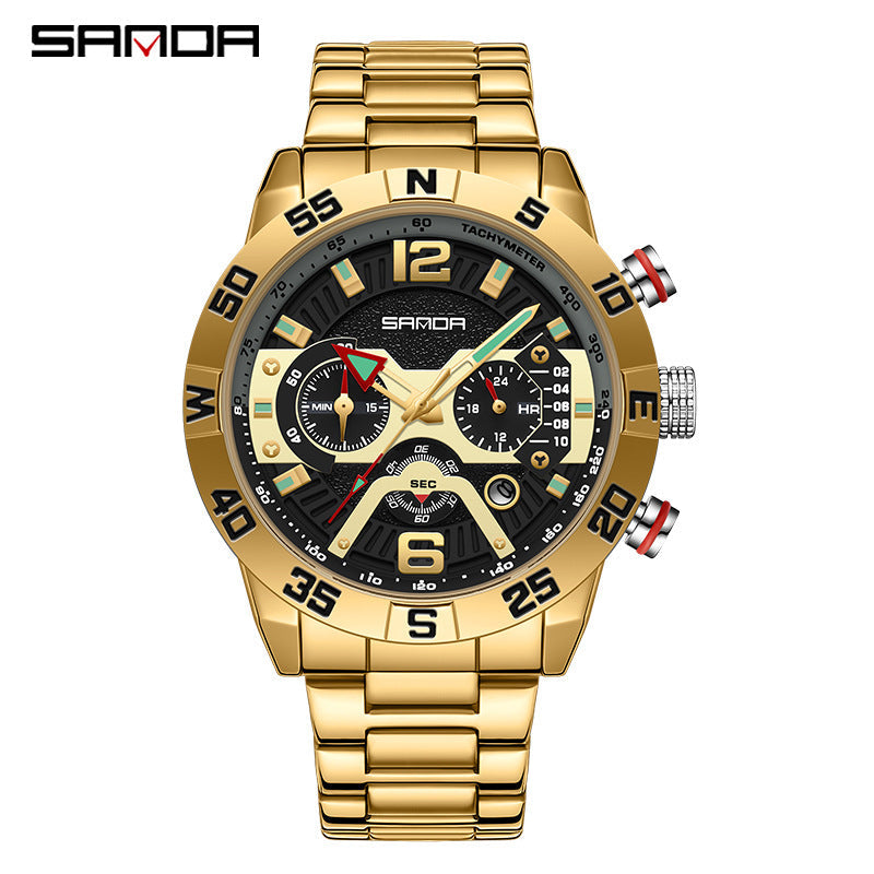 SANDA Men’s Quartz Watch – Three-Eye Steel Band Fashion Shockproof Timepiece