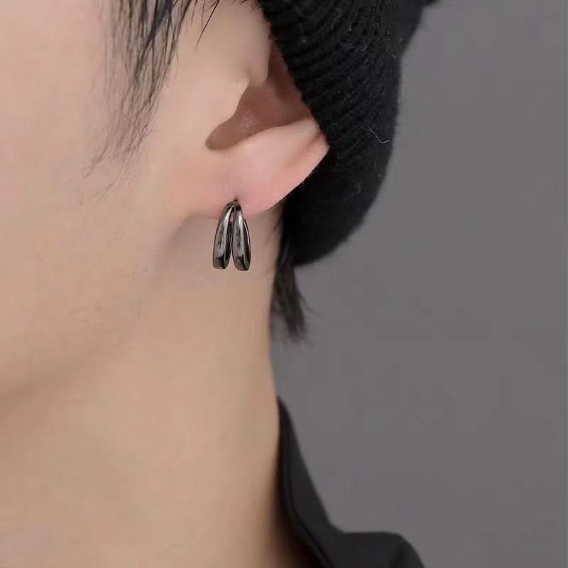 Men's Silver Double Layer A-arc Earrings – Unisex European & American Style