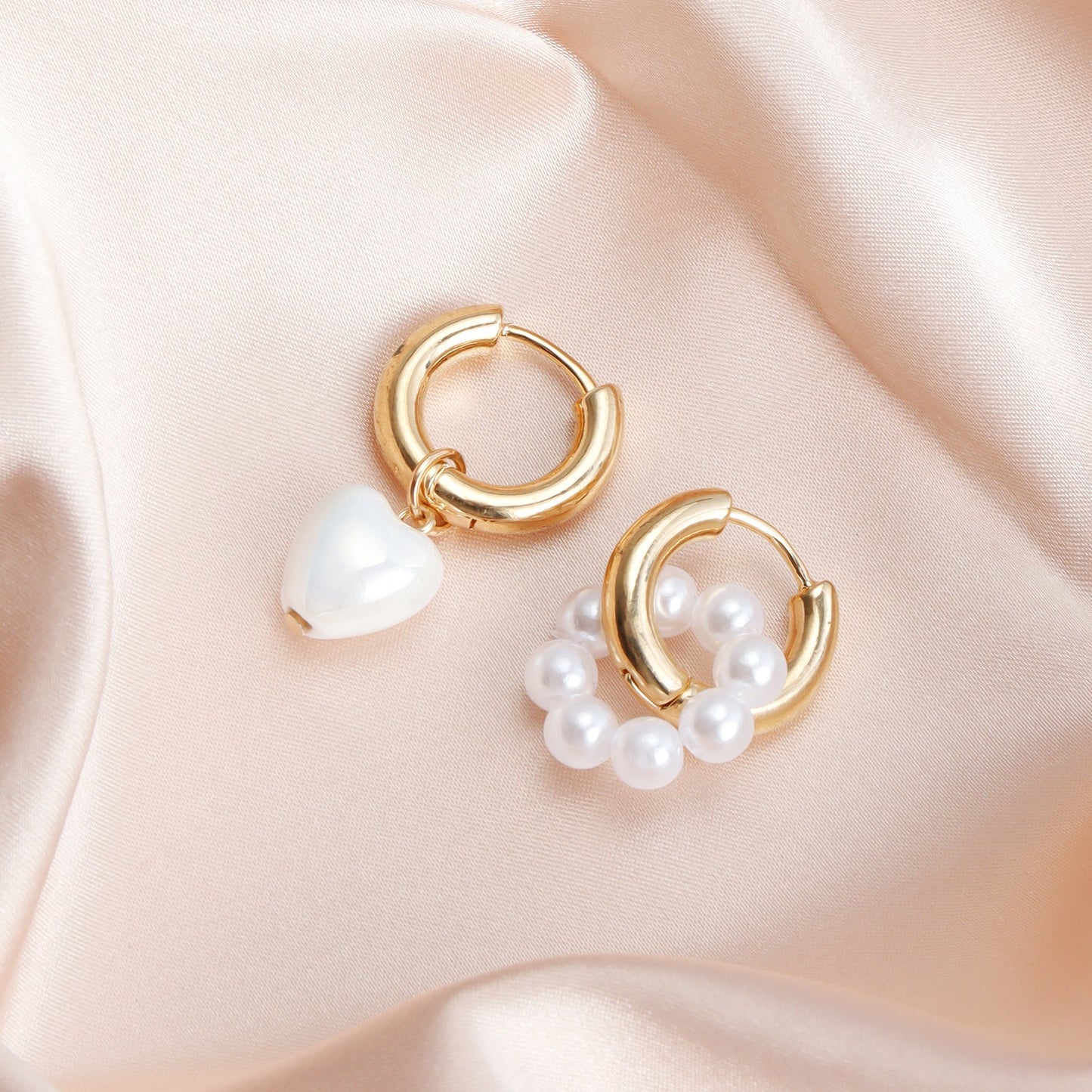 Pearl Beaded Heart Drop Earrings – Asymmetrical Fashion Jewelry for Women