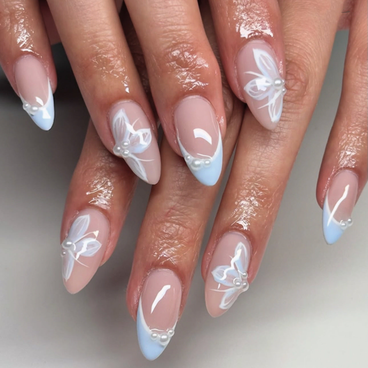 Floral French Tip Press-On Nails – Blue Butterfly Pearl Design, Medium Almond Shape