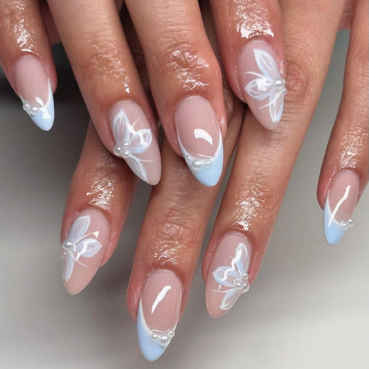 Floral French Tip Press-On Nails – Blue Butterfly Pearl Design, Medium Almond Shape