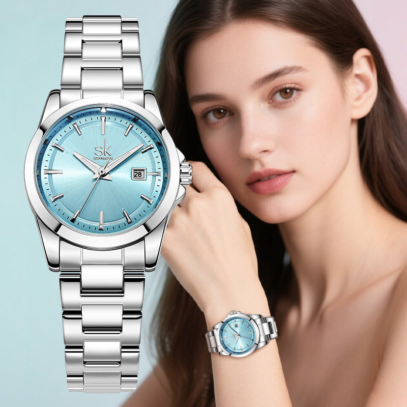 SK Women’s Stainless Steel Quartz Watch – Fashion Round Dial, Waterproof Wristwatch