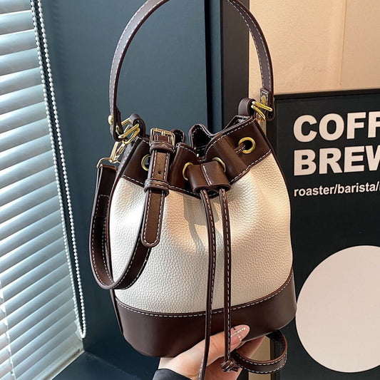 Women’s Retro Contrast Bucket Bag – Shoulder & Messenger Handbag