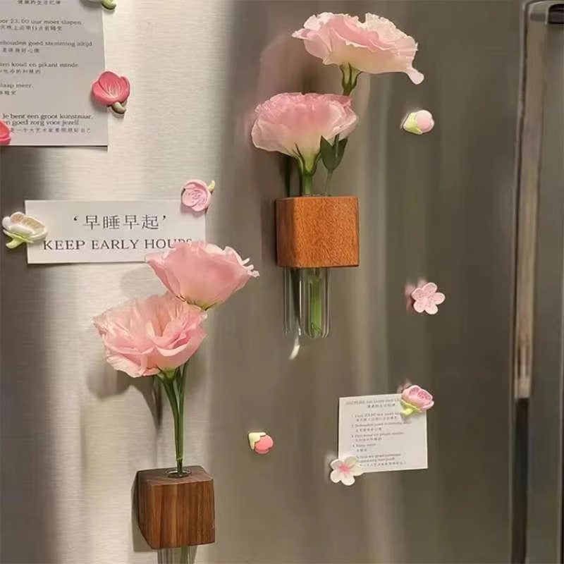 Magnetic Wooden Flower Vase – Test Tube Fridge Decor, Solid Wood Mini Planter