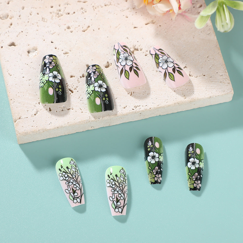 Elegant Floral Coffin Press-On Nails – Matte Green & Black False Nails