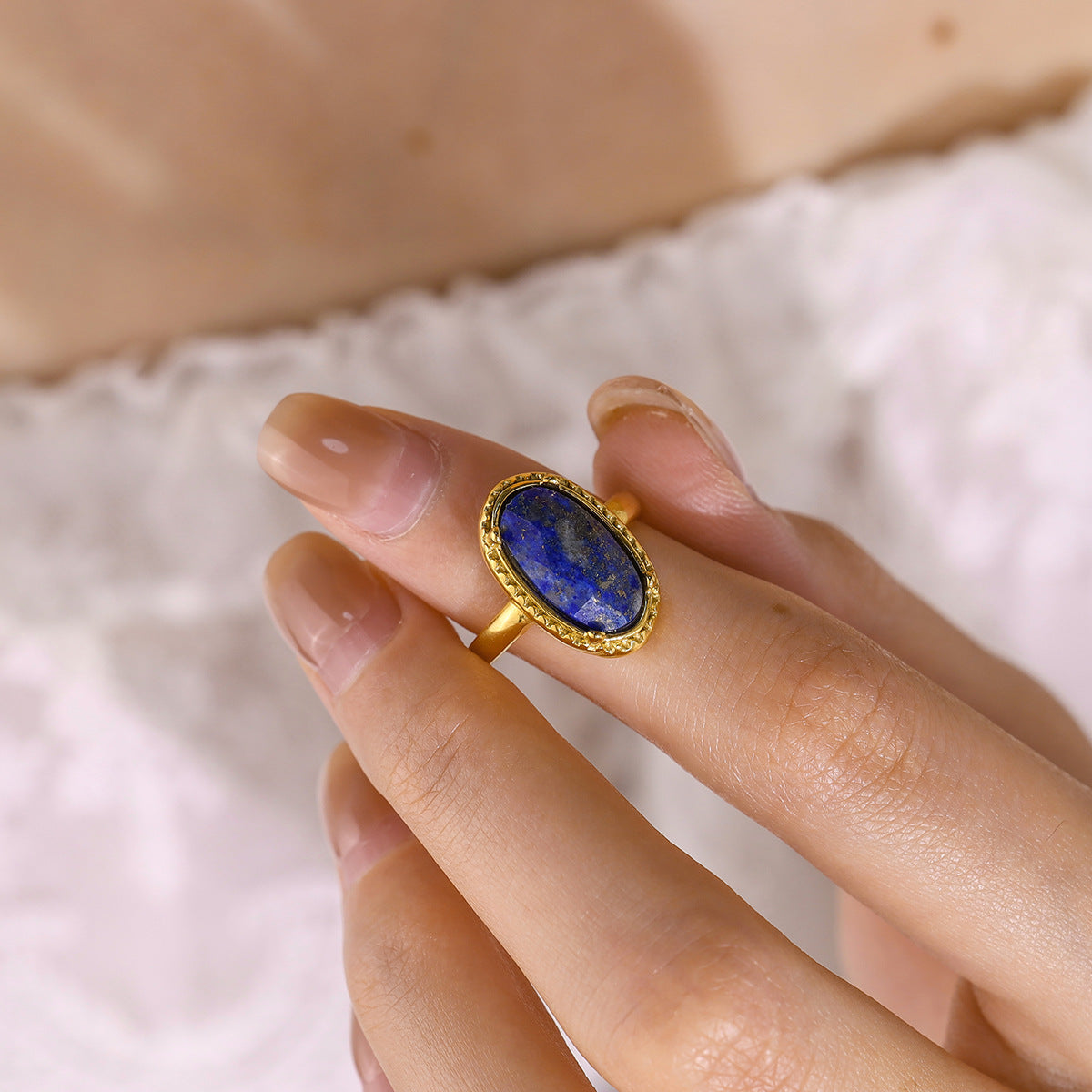 Natural Stone Ring – Blue Oval Titanium Steel Adjustable Retro Jewelry