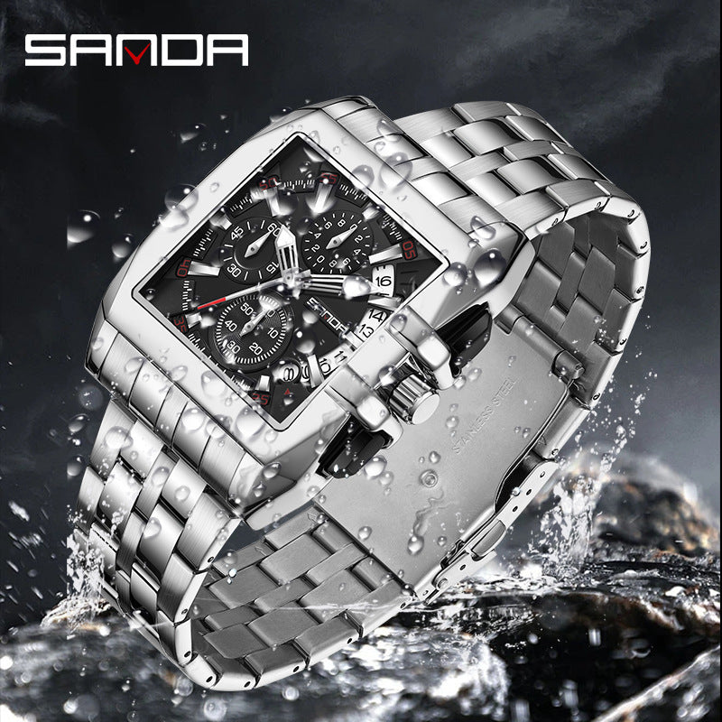 SANDA Luminous Men’s Square Quartz Watch – Stainless Steel Strap with Calendar