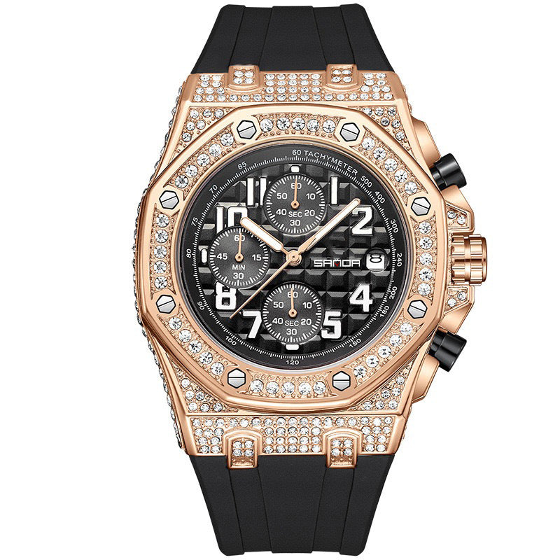SANDA Men’s Diamond Dial Quartz Watch – Waterproof Silicone Strap Wristwatch