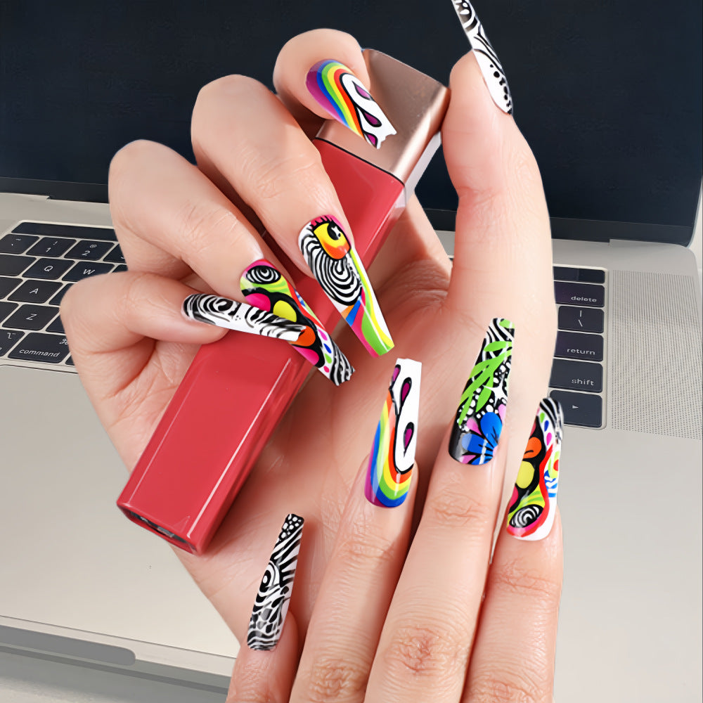 Neon Psychedelic Coffin Press-On Nails – Acrylic False Nails, Extra Long