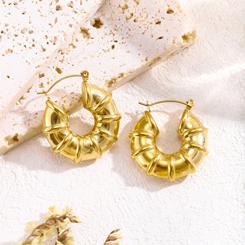 Chunky Retro Gold Hoop Earrings - Lightweight Stainless Steel Spiral Wrap Design