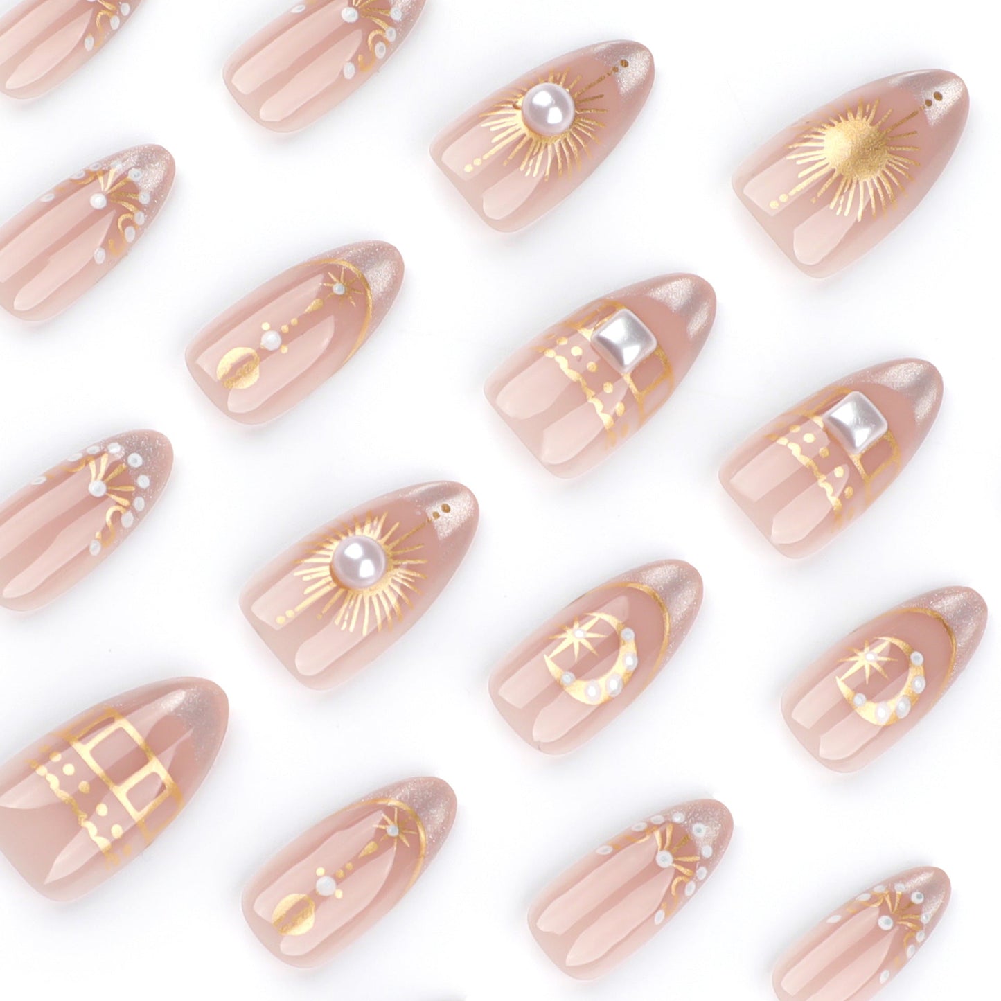 Celestial Moon & Star Press-On Nails – Nude Gold Almond Shape, Glossy Finish