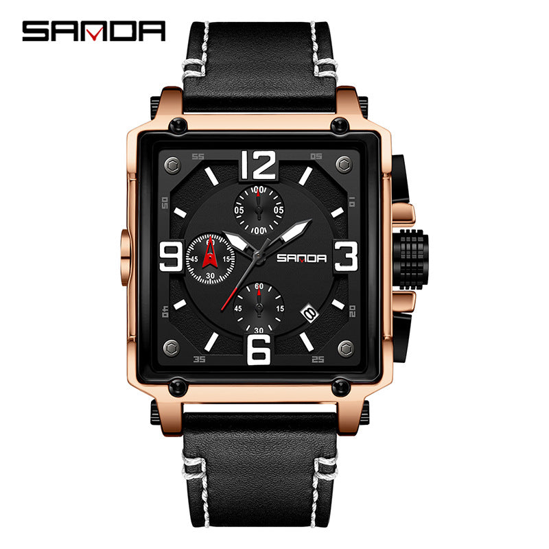 SANDA Luminous Men’s Square Quartz Watch – Leather Strap with Calendar & Small Seconds