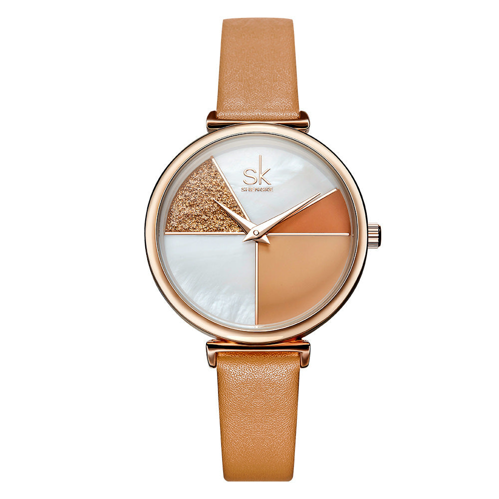 SK Women’s Quartz Watch – Glitter Shell Dial with Leather Strap, Waterproof Wristwatch