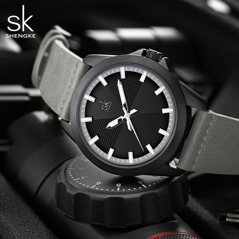 SK Men’s Quartz Watch – 43mm Round Dial, 30M Waterproof Leather Strap Wristwatch