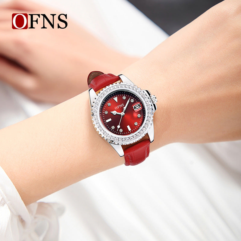 OFNS Women’s Luxury Quartz Watch – Diamond Inlaid Dial, Leather Strap, Waterproof