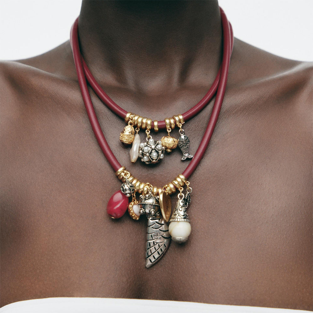 Women's Multi-Layer Leaf Pendant Necklace – Handmade PU Leather Rope Choker