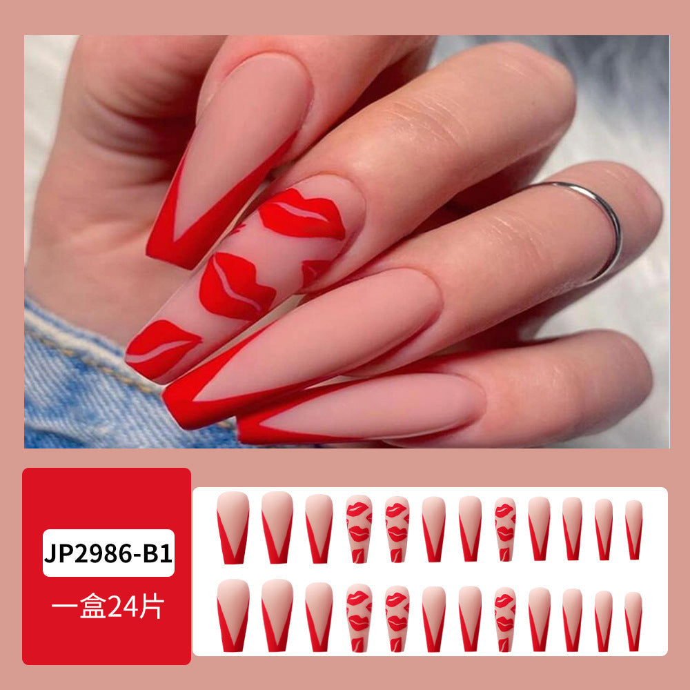 Valentine’s Lips Press-On Nails – Long Matte Finish Stiletto Nude & Red Acrylic Tips