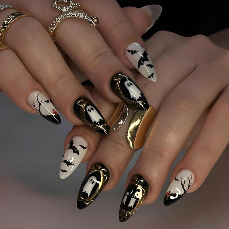 Halloween Ghost & Pumpkin Almond Press-On Nails – Spooky Bat Nail Art