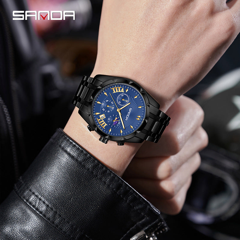 SANDA Men's Stainless Steel Sports Watch – Waterproof Quartz with Three-Eye Design