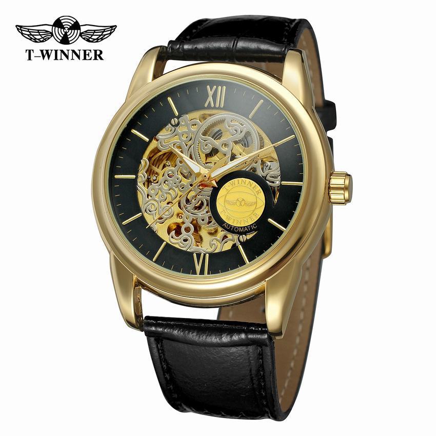 T-WINNER Hollow Automatic Mechanical Watch for Men – Leather Strap Fashion Timepiece