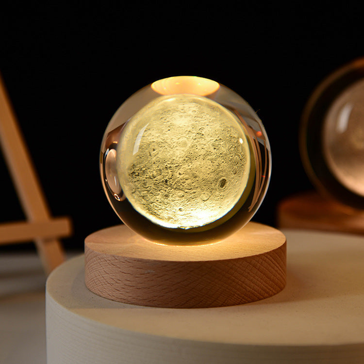 Astronaut Crystal Ball Night Light – 3D Carved Solar System LED Lamp with Wooden Base