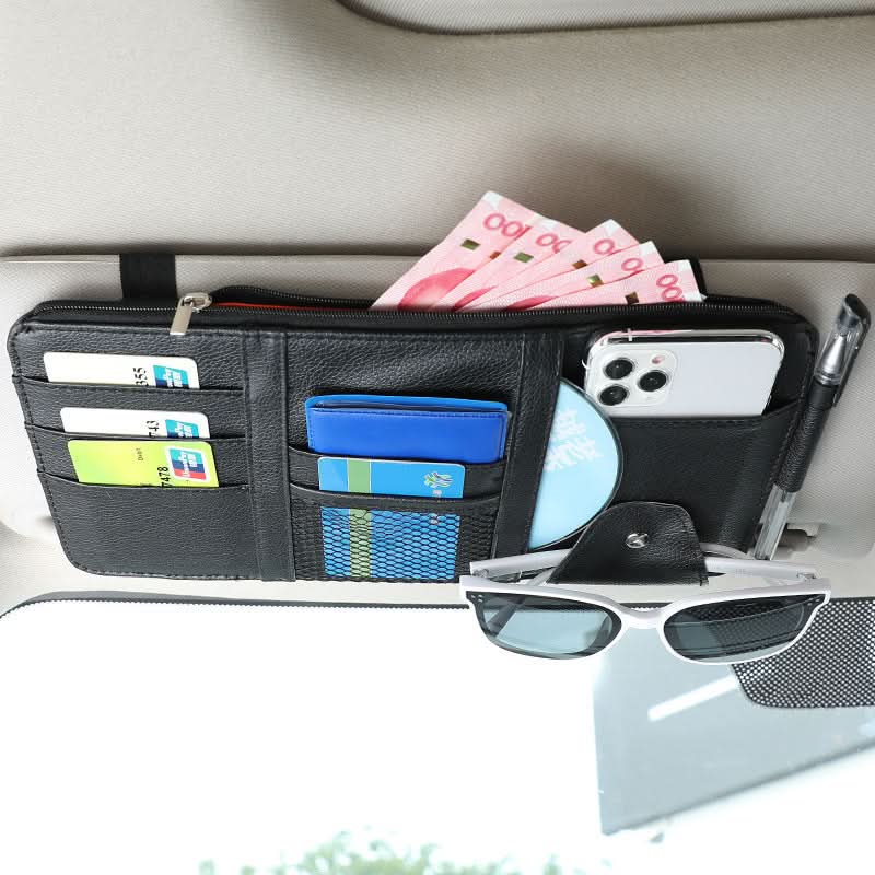 PU Leather Car Sun Visor Organizer – Card and Glasses Holder