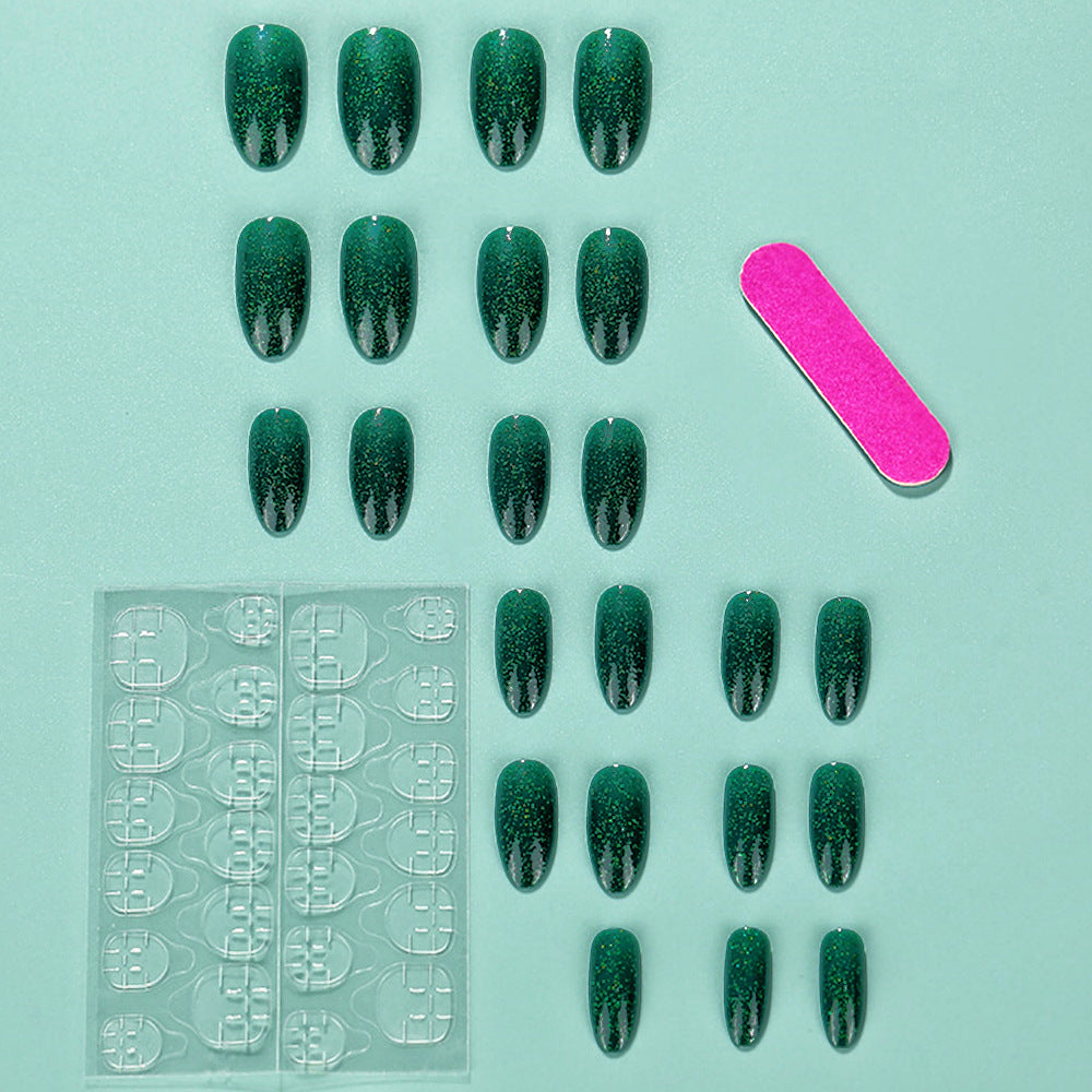Emerald Green Glitter Press-On Nails – Oval Shape, UV Shine Finish, Reusable Nail Set