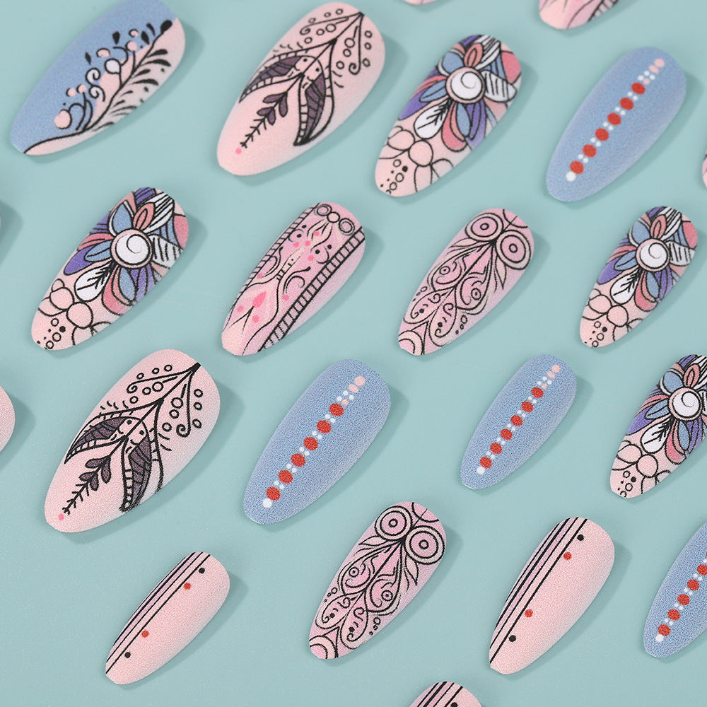 Long Almond Press-On Nails – Boho Chic Floral & Tribal Acrylic Nail Art Set