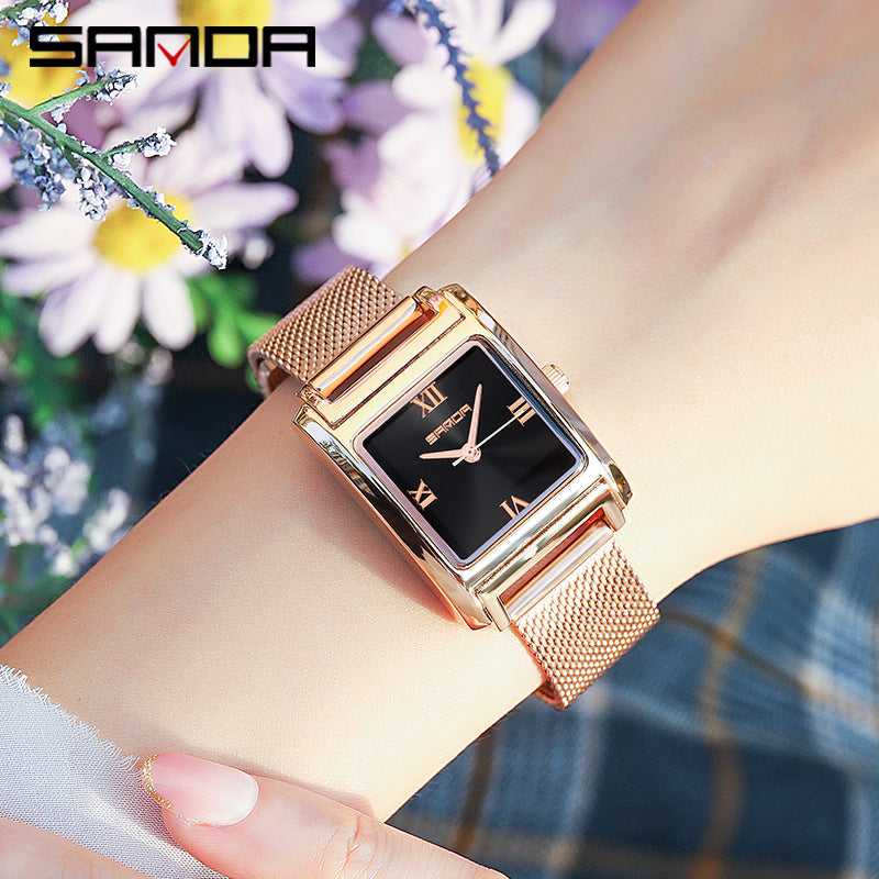 Sanda Women’s Mesh Quartz Watch – Waterproof Small Dial Casual Square Fashion Watch