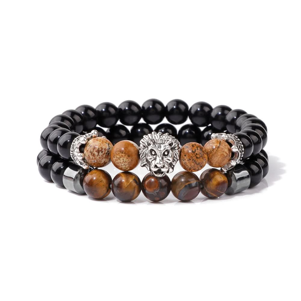 Unisex Double-Layer Lion Agate Bead Bracelet – Retro Black Stone