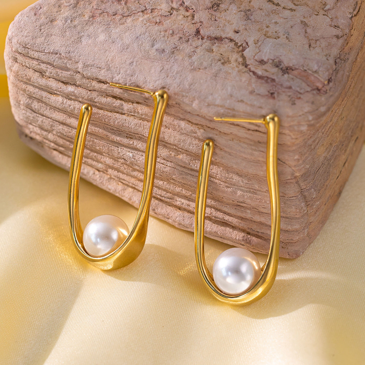 Golden Pearl Titanium Steel Earrings – Textured Stud & Drop Design (Combo of 4)