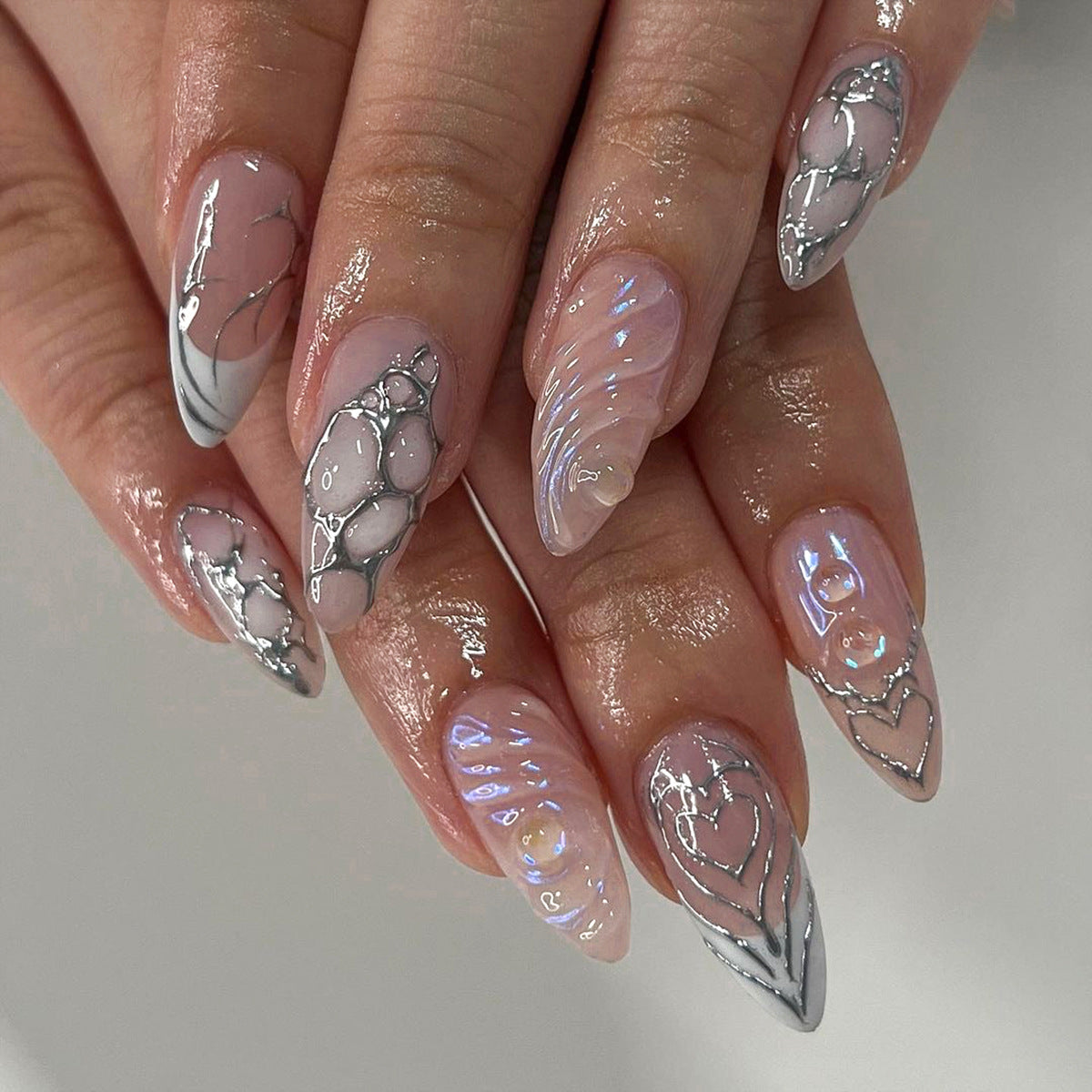 3D Chrome Heart Press-On Nails – Long Iridescent Almond Glue-On Set