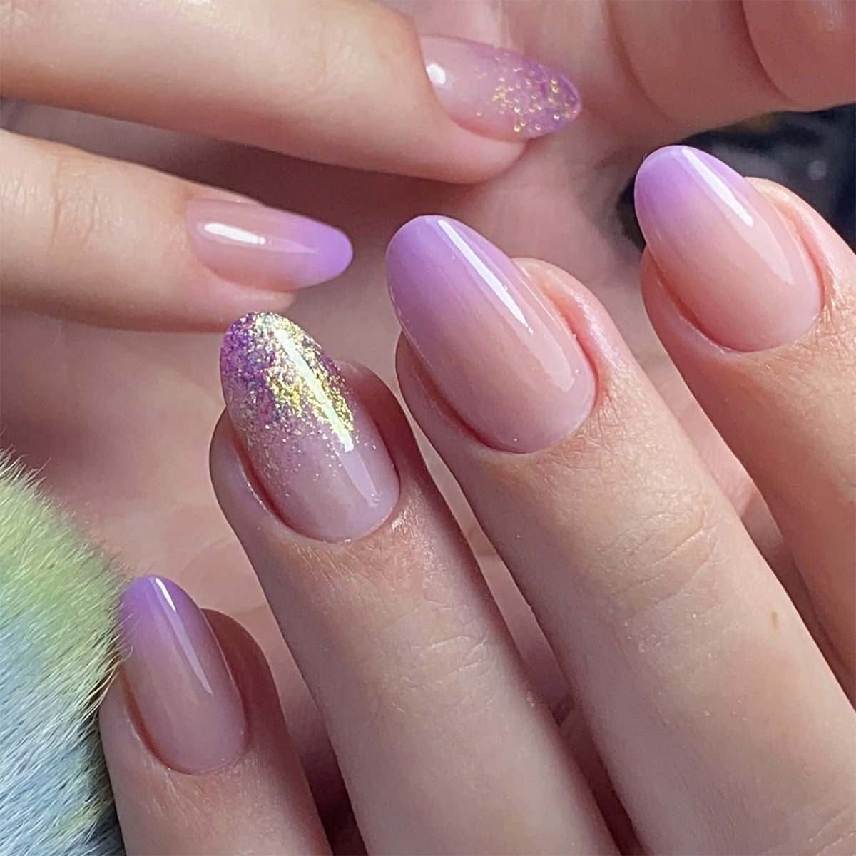 Purple Gradient Ombre Press-On Nails with Gold Glitter - Elegant Oval Glue-On Acrylic Set