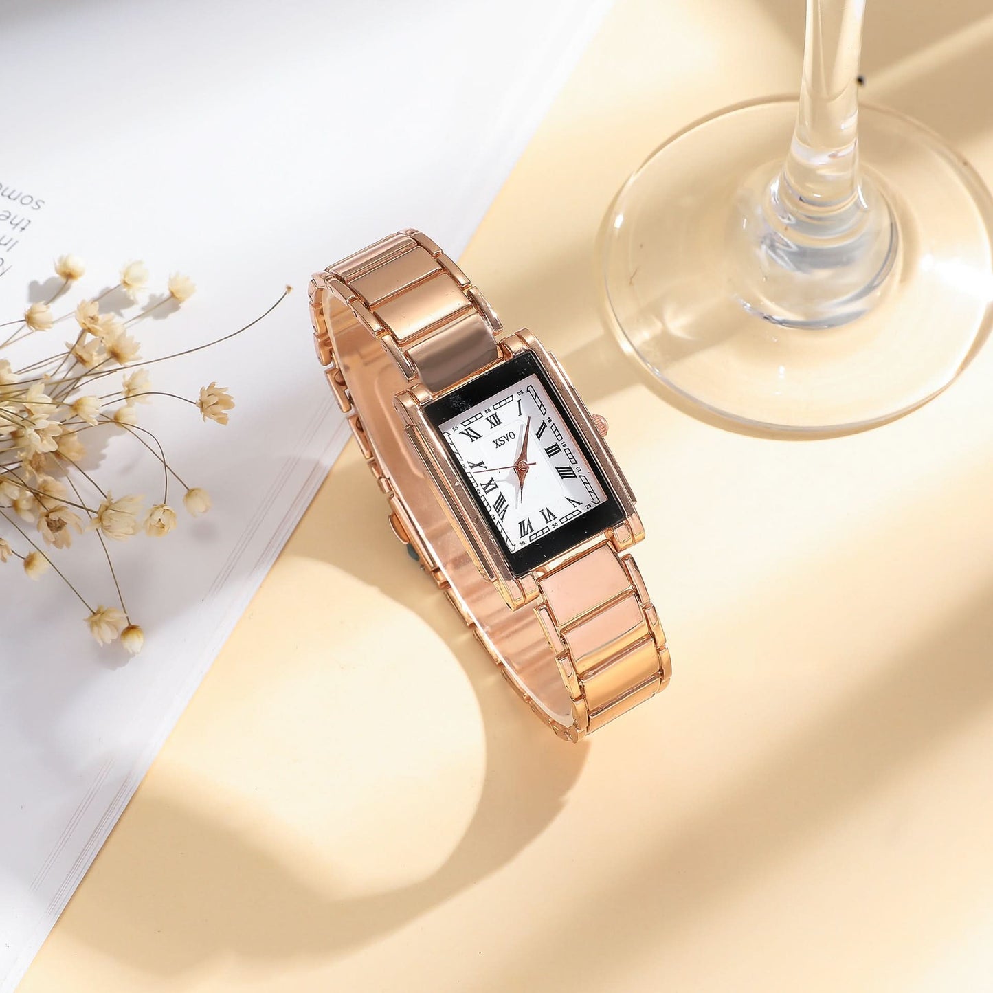 Women’s Gold Square Quartz Watch & Bracelet Set – Green Dial, Steel Band