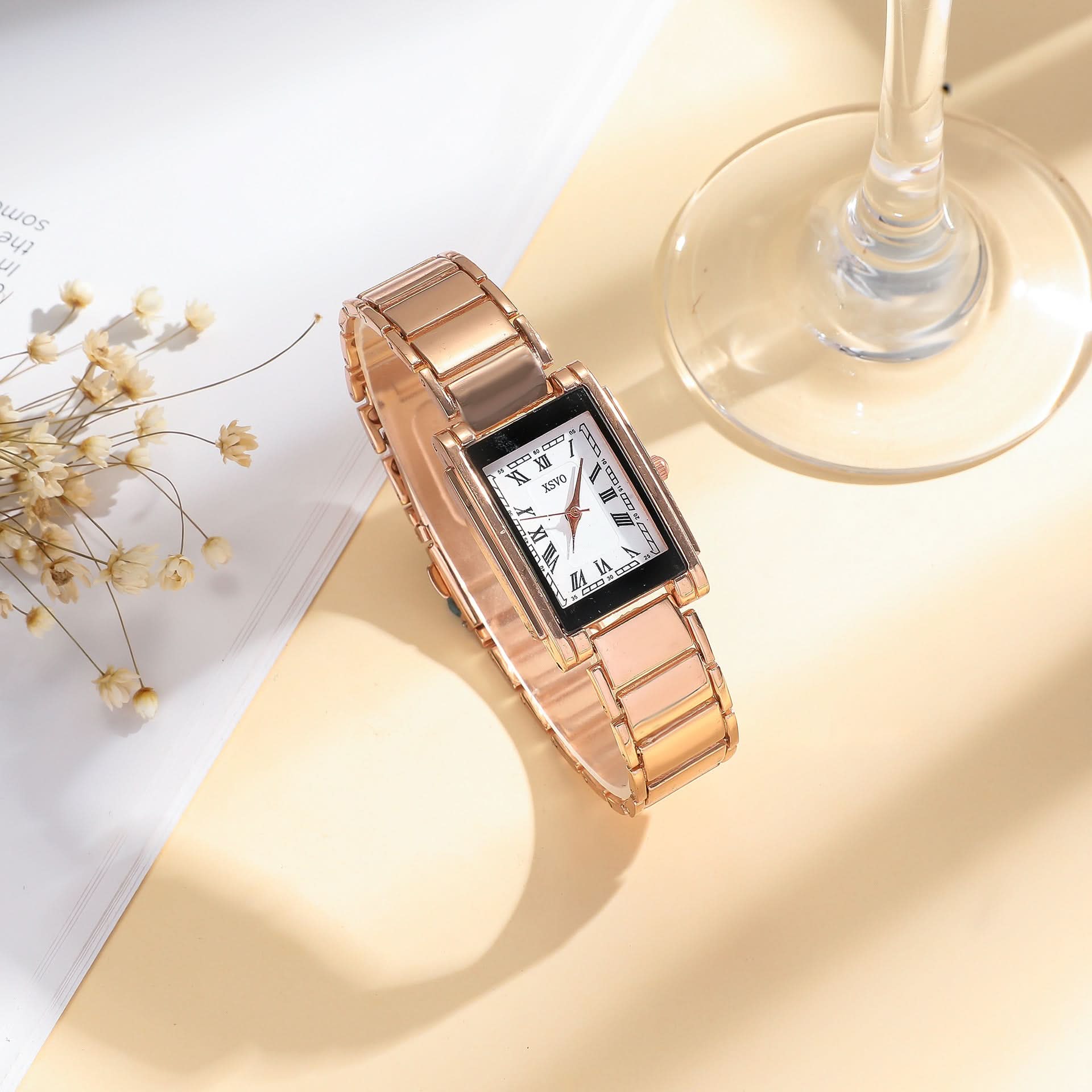 Women’s Gold Square Quartz Watch & Bracelet Set – Green Dial, Steel Band