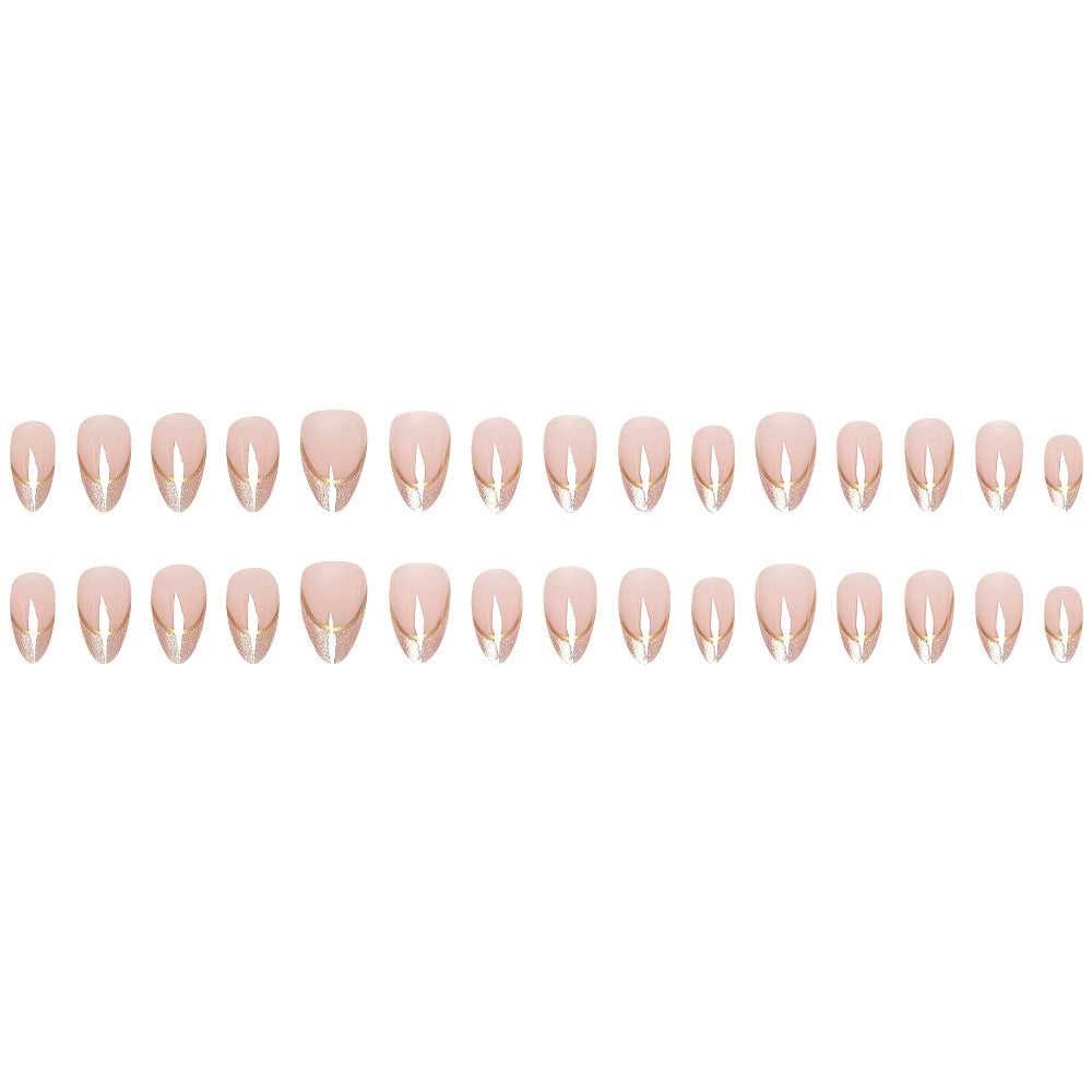 Gold Accent Press-On Nails – Medium Almond Acrylic Nail Set, Nude French Tips