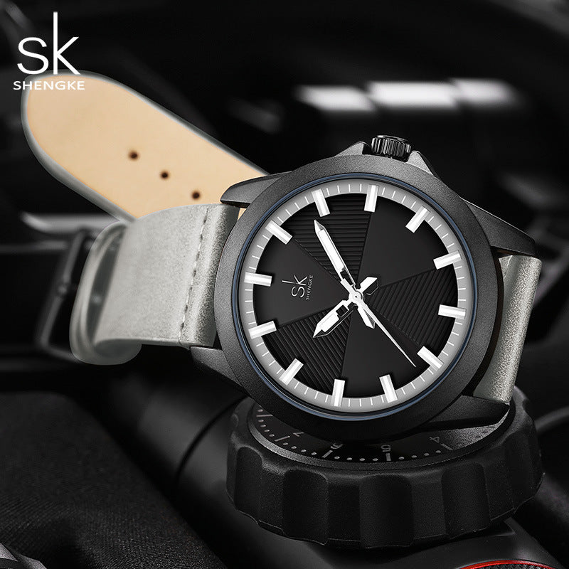 SK Men’s Quartz Watch – 43mm Round Dial, 30M Waterproof Leather Strap Wristwatch