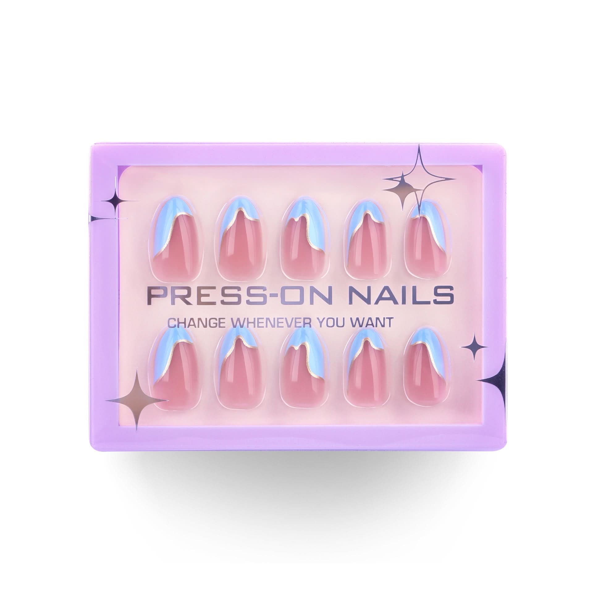 French Blue & Pink Press-On Nails – Short Almond-Shaped Wavy French Tip Design