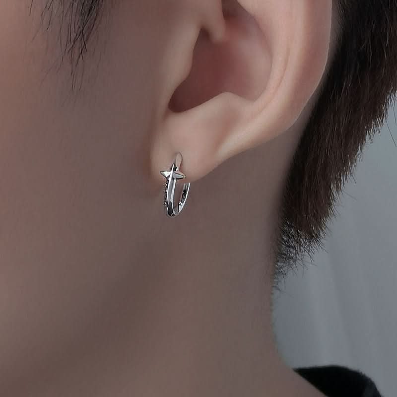Men’s Star Punk-inspired Earrings – Silver & Black Geometric Ear Hoop