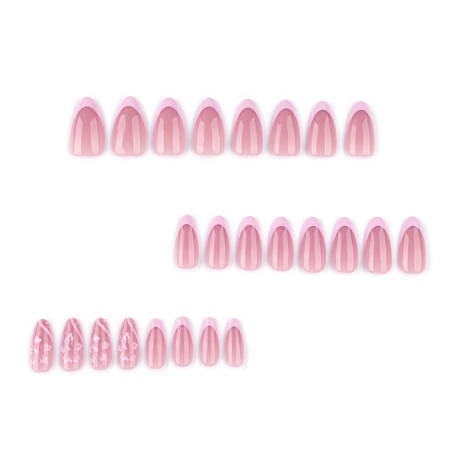 Pink Floral Almond Press-On Nails – French Tip Medium Glue-On Set
