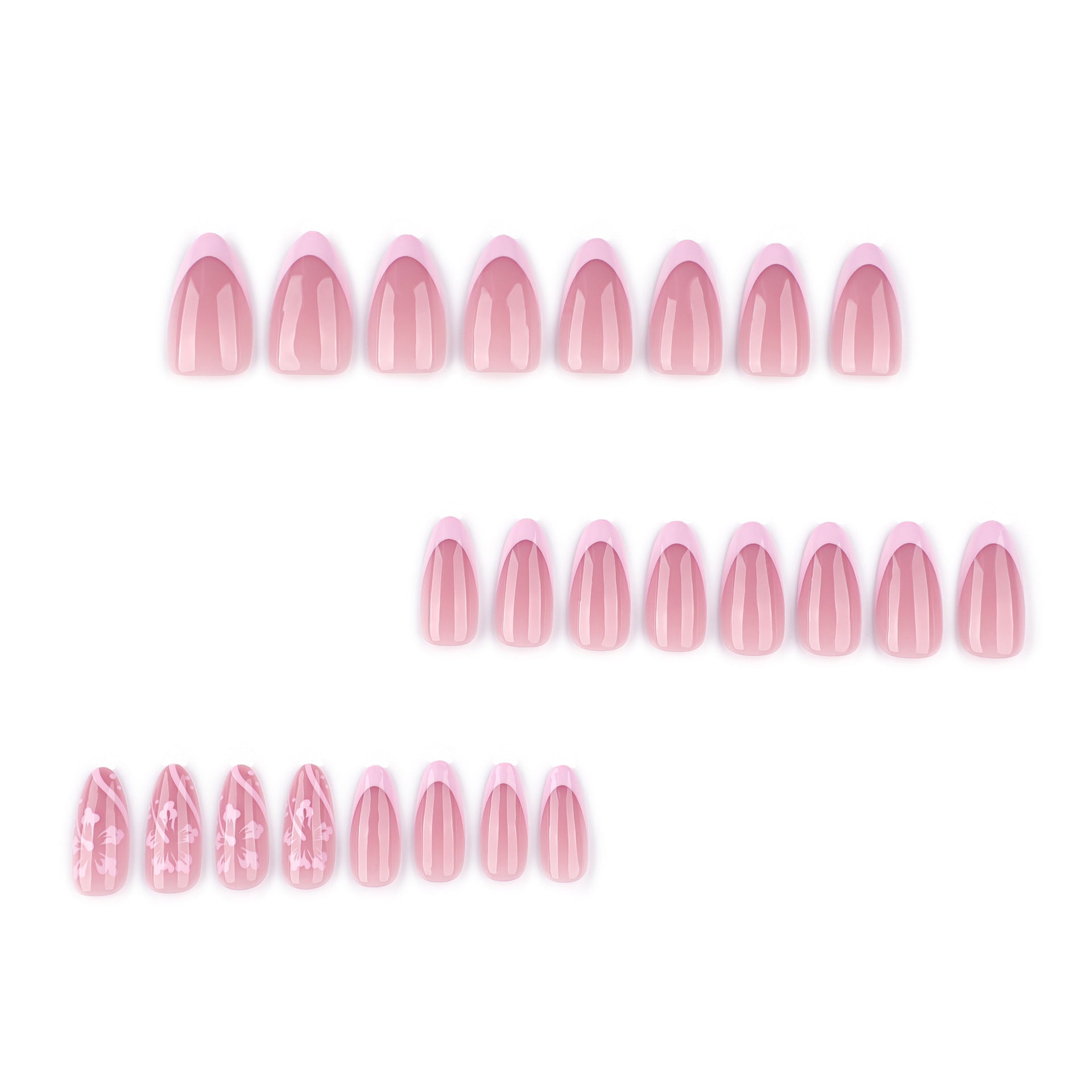 Pink Floral Almond Press-On Nails – French Tip Medium Glue-On Set