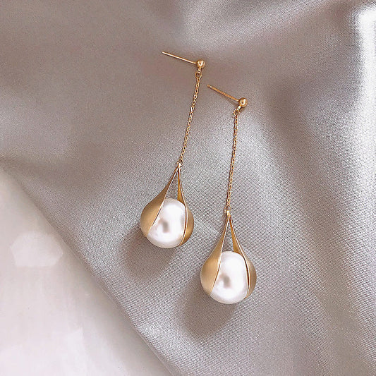 Elegant Pearl Tassel Earrings for Women – Geometric Long Dangle Jewelry