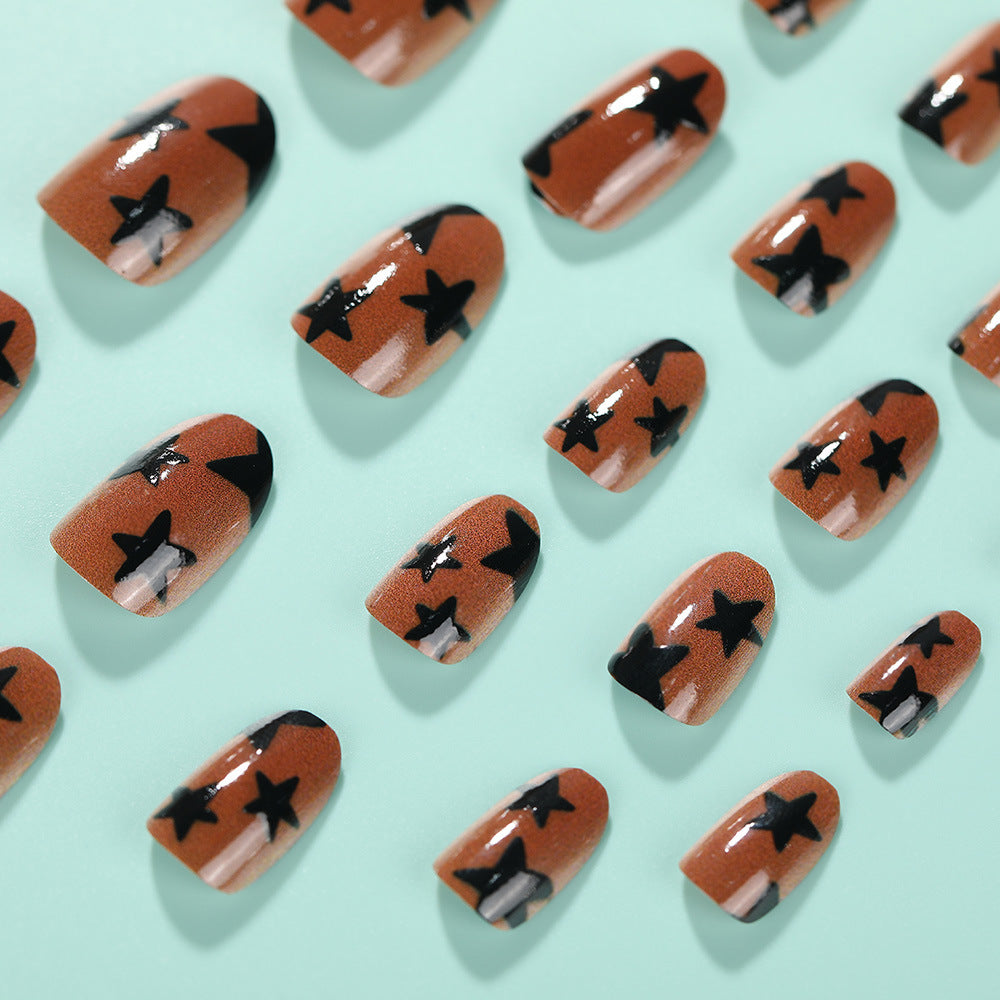 Brown Star Press-On Nails – Medium Oval Glue-On Set | Trendy Nail Art
