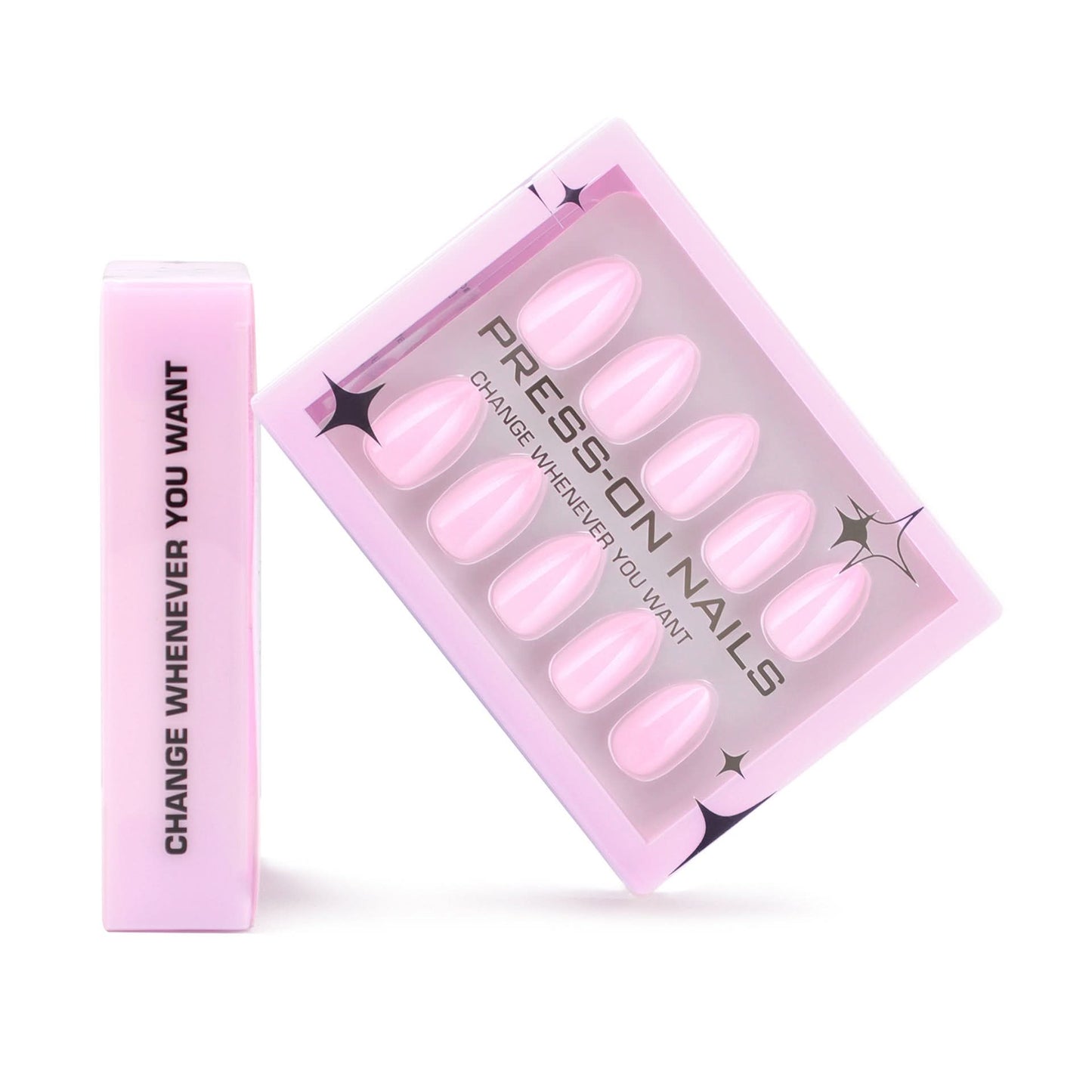 Short Almond Pink Press-On Nails – Pearlescent Fake Nails with Tool Kit