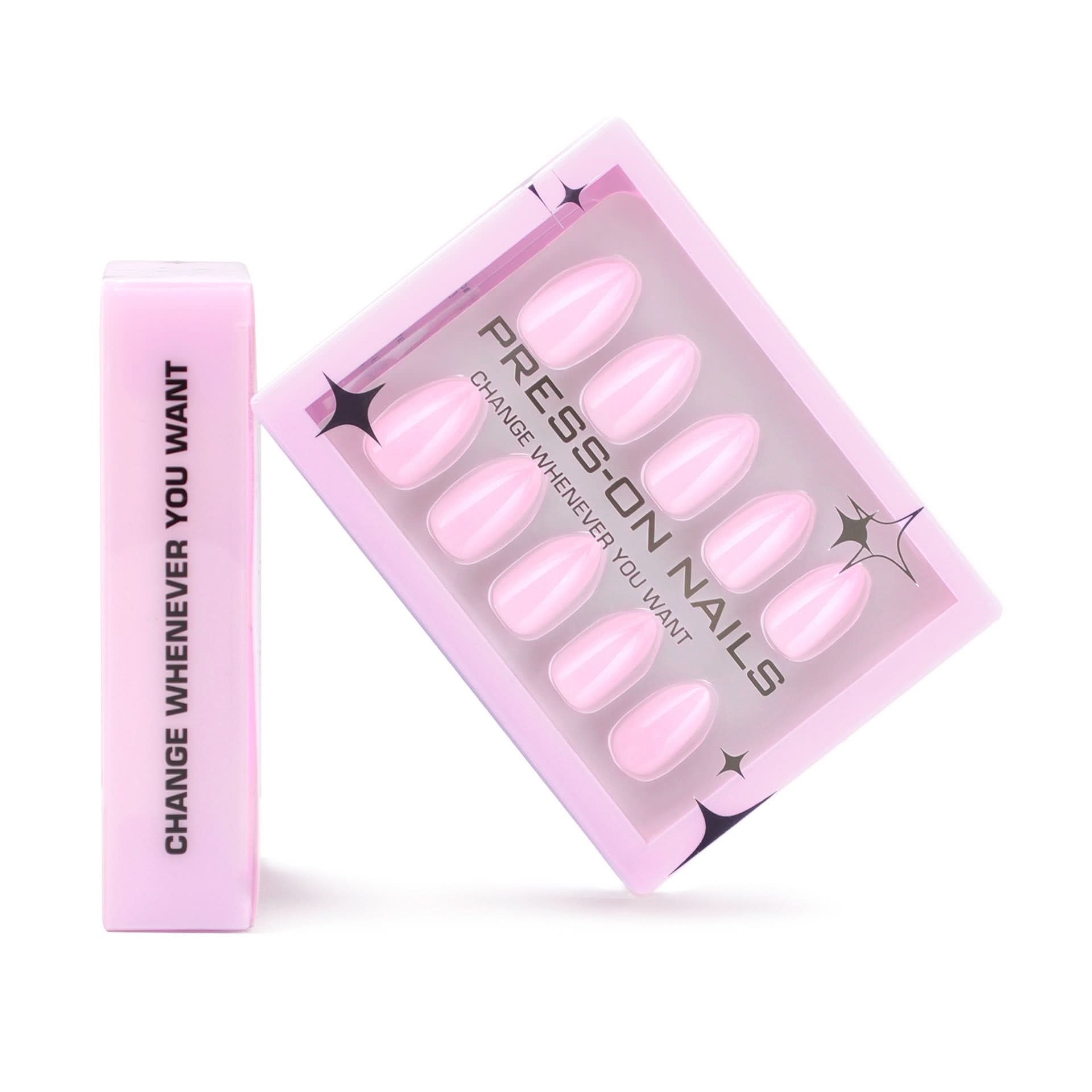 Short Almond Pink Press-On Nails – Pearlescent Fake Nails with Tool Kit