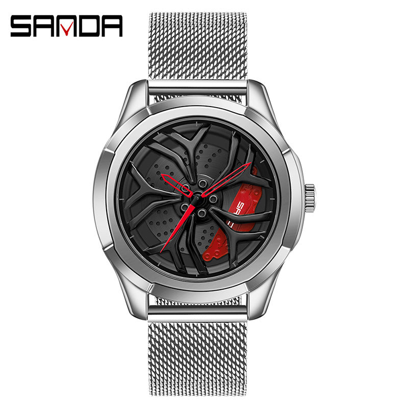 Sanda Men's Quartz Watch – Hollow Wheel Dial, Mesh Steel Strap, Waterproof Timepiece