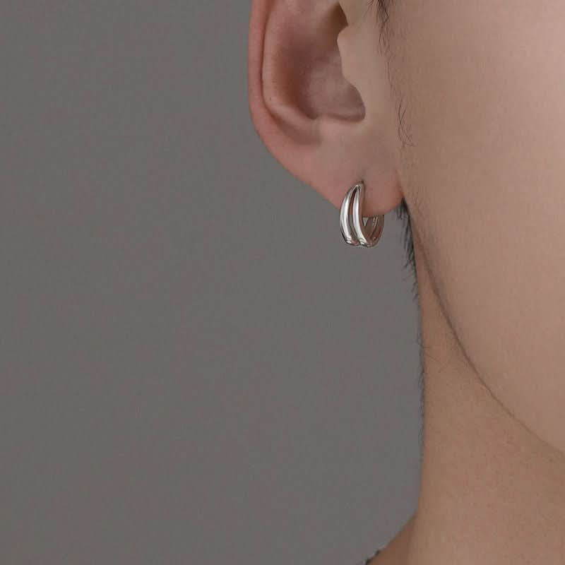 Men's Silver Double Layer A-arc Earrings – Unisex European & American Style