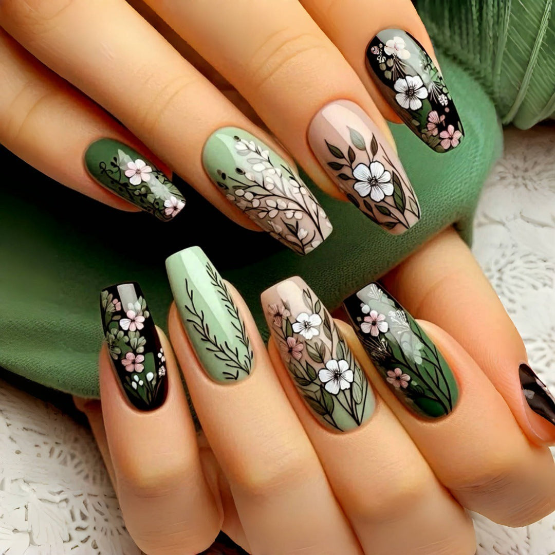 Elegant Floral Coffin Press-On Nails – Matte Green & Black False Nails