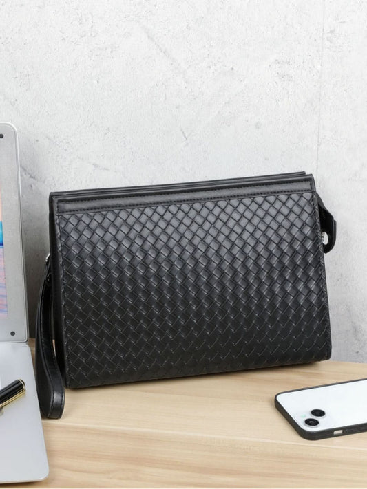 Men’s Trendy Urban Style Leather Envelope Bag – Woven Pattern Clutch