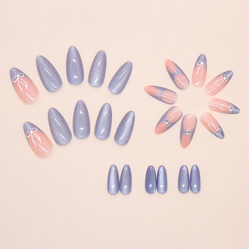 Milk Blue French Press-On Nails – Cat’s Eye Almond Nails with Bow Accents